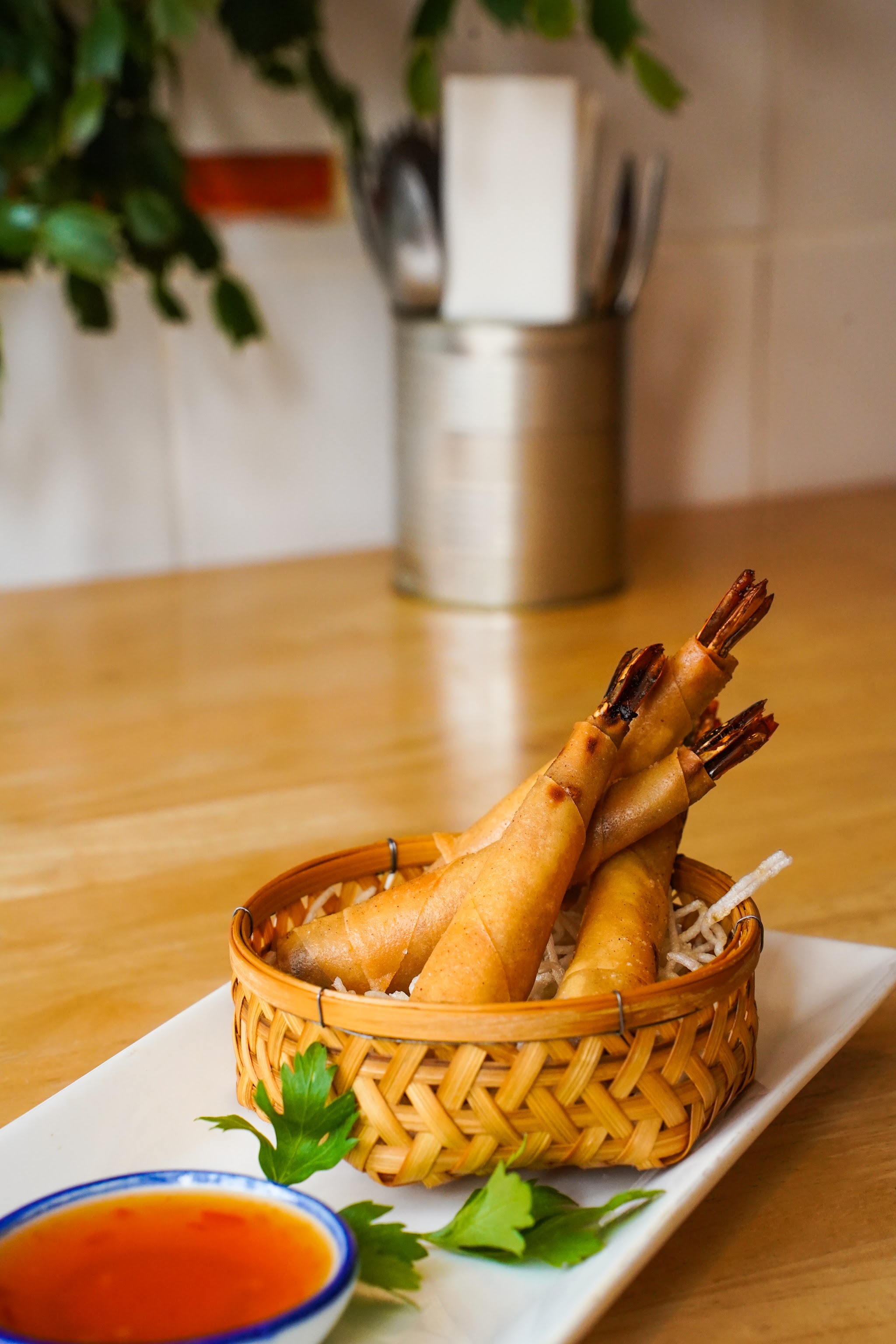 Golden starters served with dipping sauce at Nam Jai Thai