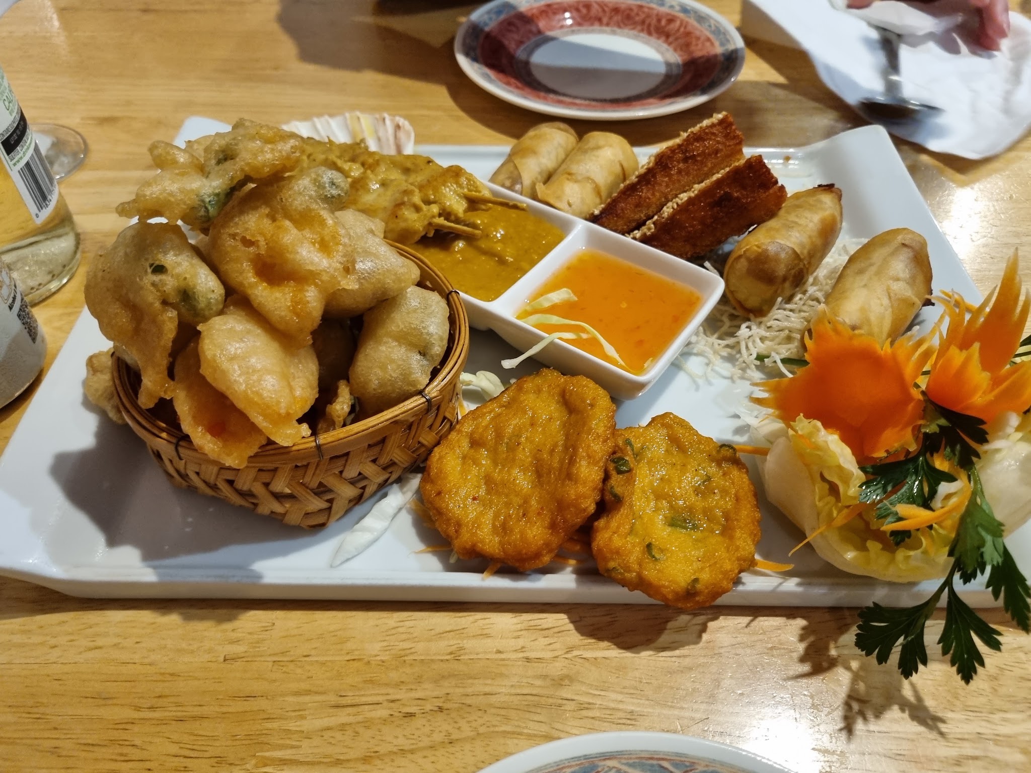 A platter of starters and dipping sauces at Nam Jai Thai